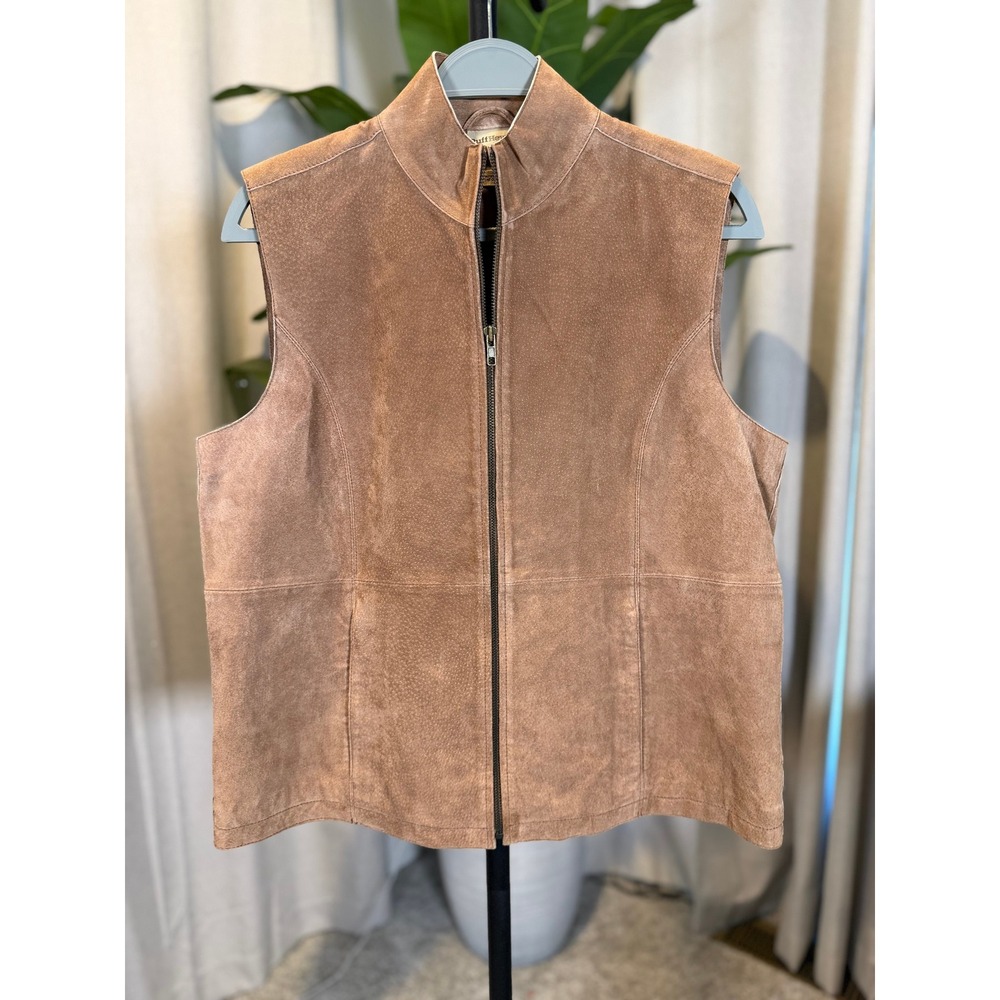 RuffHewn Womens Tan Brown Genuine Leather Suede Zip Front Mock Neck Vest Large